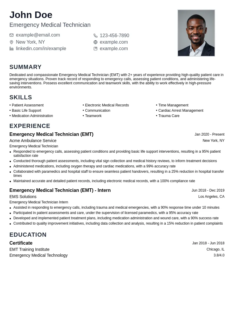 Emergency Medical Technician (EMT) - Entry resume example