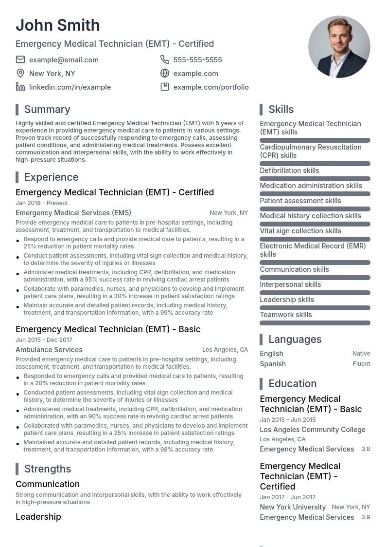 Emergency Medical Technician (EMT) - Certified resume example