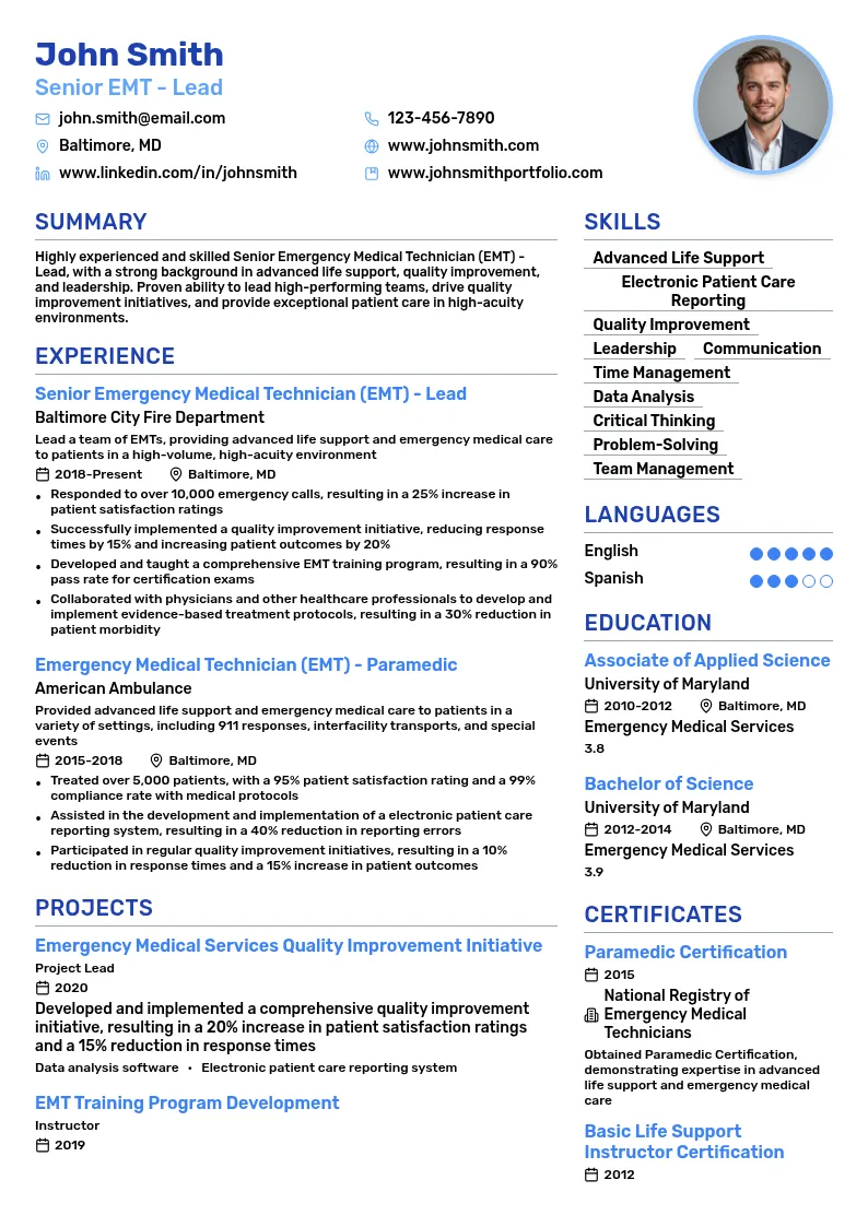Senior Emergency Medical Technician (EMT) - Lead resume example