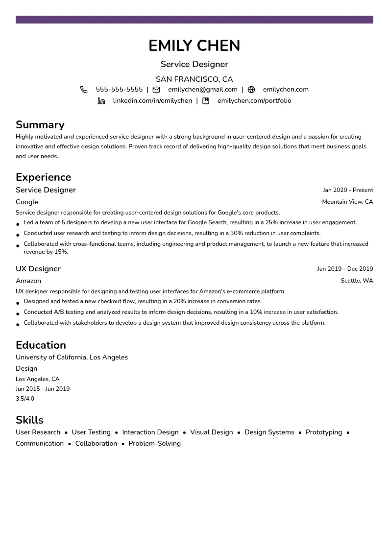 Service Designer resume example