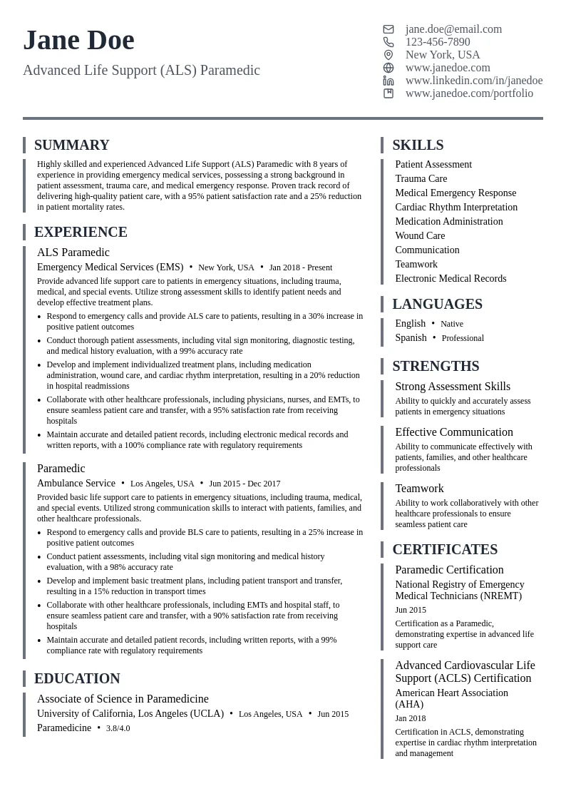 Advanced Life Support (ALS) Paramedic resume example