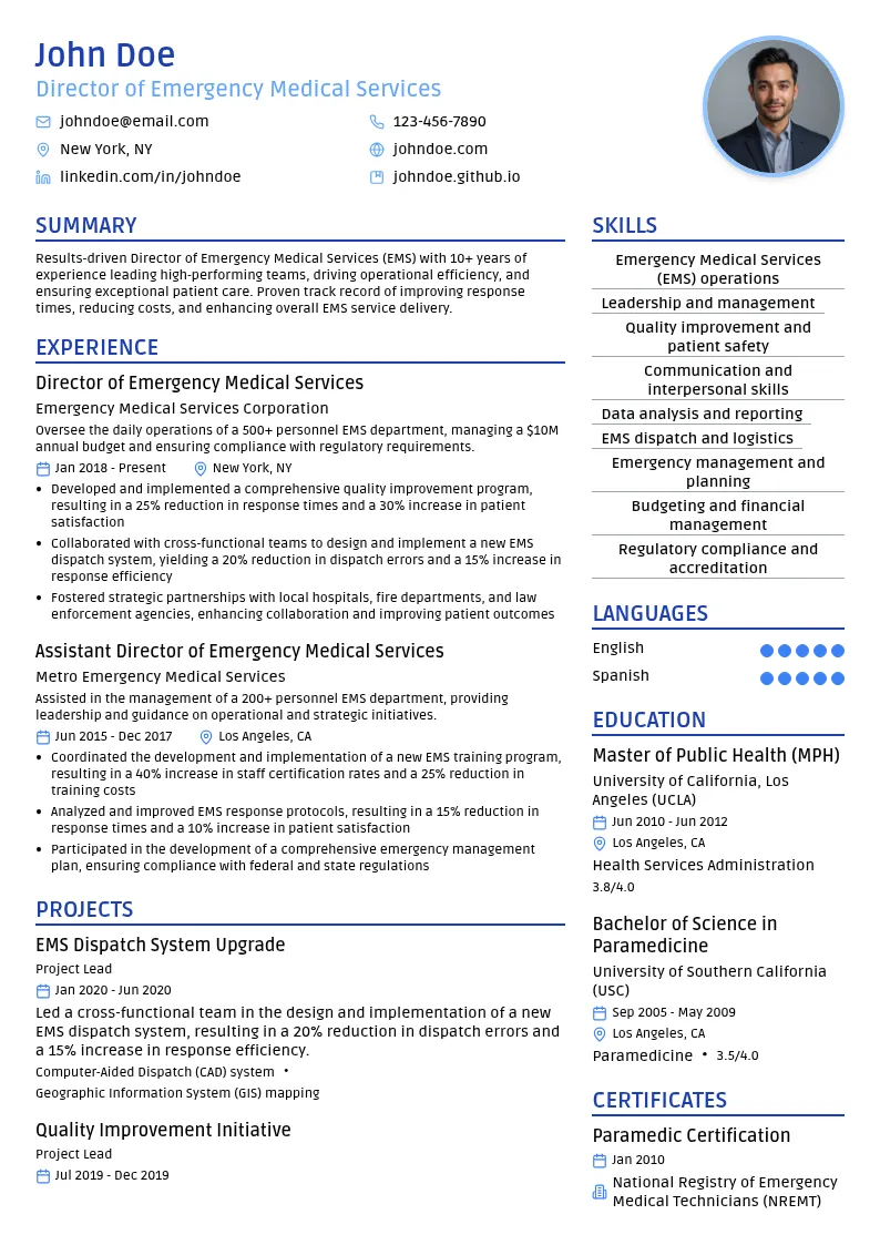 Director of Emergency Medical Services (EMS) resume example