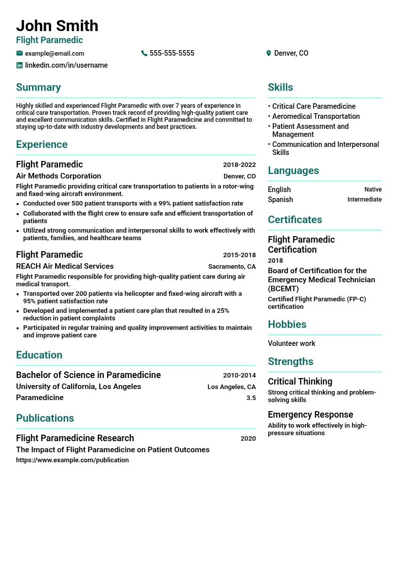 Flight Paramedic resume example
