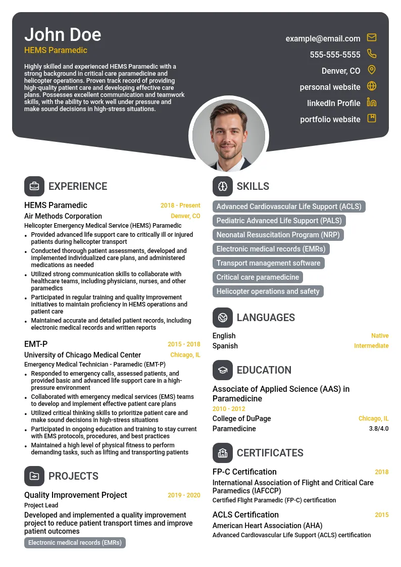Helicopter Emergency Medical Service (HEMS) Paramedic resume example