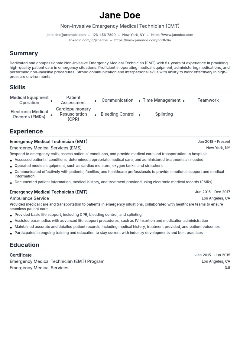 Non-Invasive Emergency Medical Technician (EMT) resume example