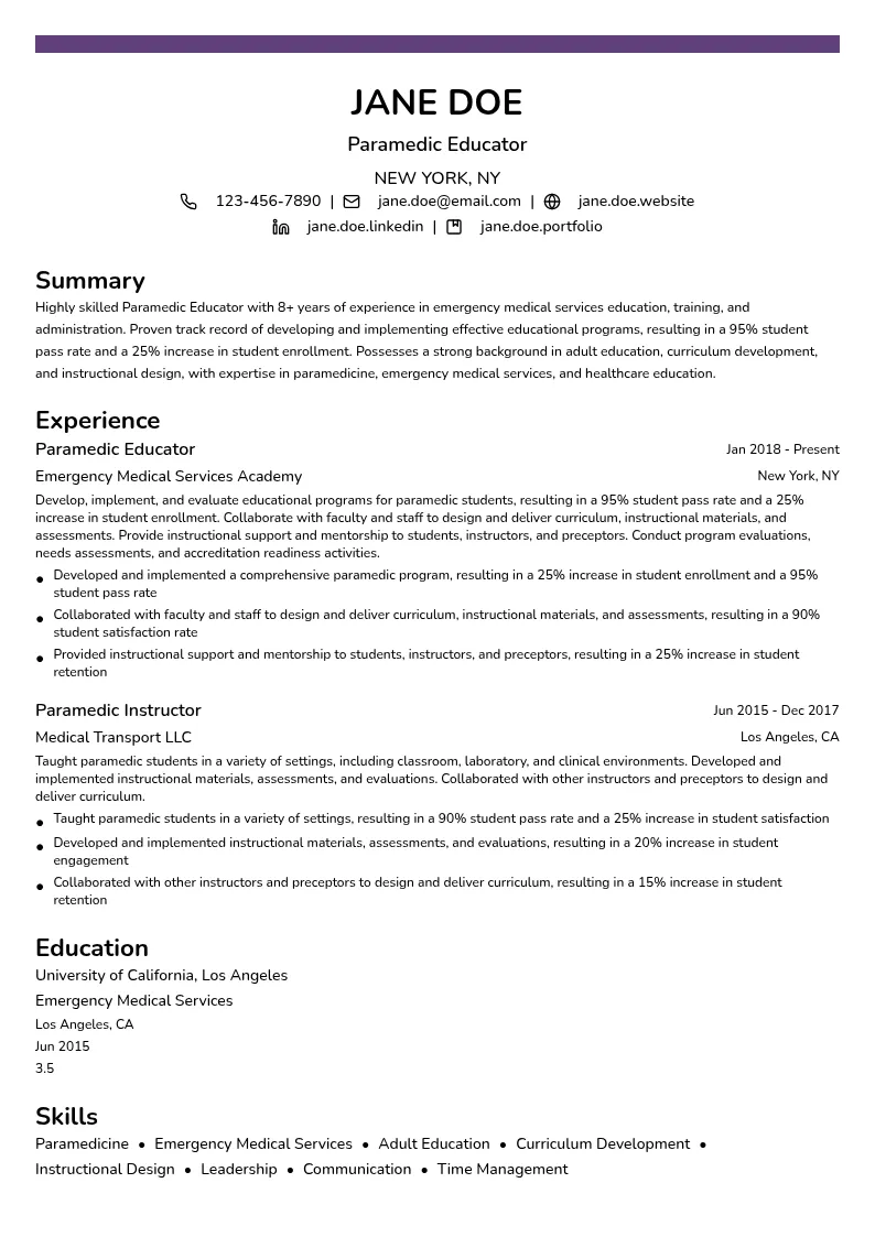 Paramedic Educator resume example
