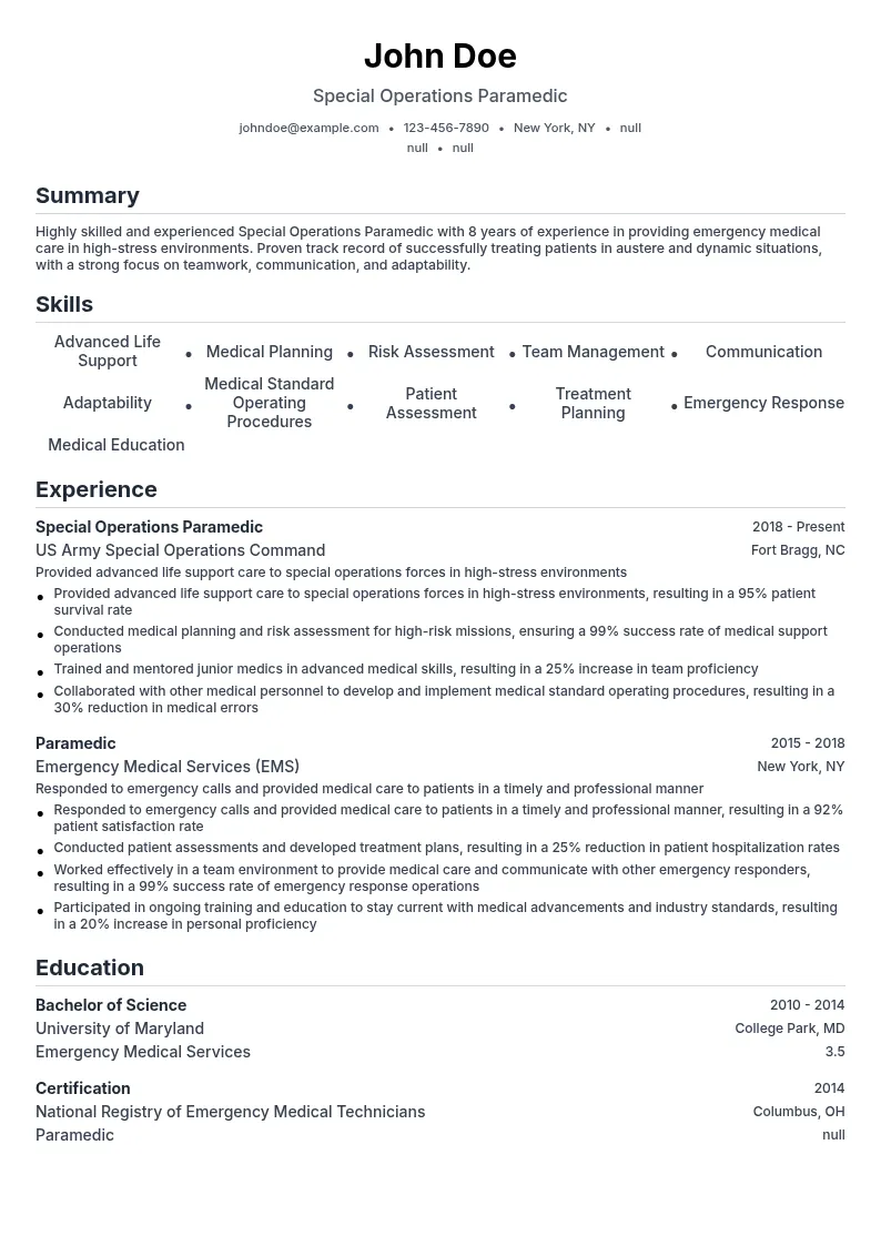 Special Operations Paramedic resume example