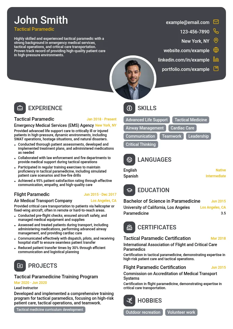 Tactical Paramedic resume example