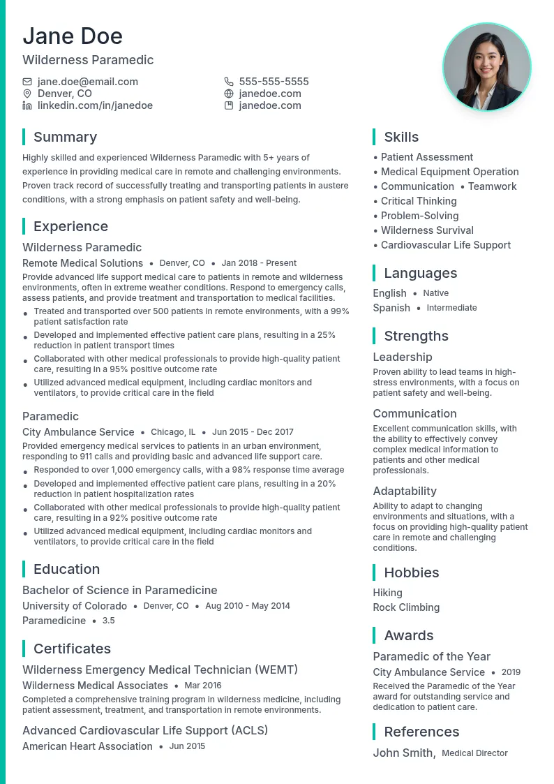 Wilderness Paramedic resume example