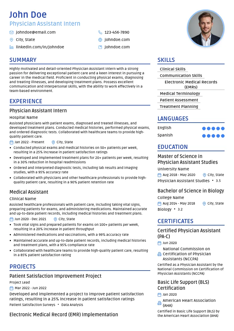 Physician Assistant Intern resume example