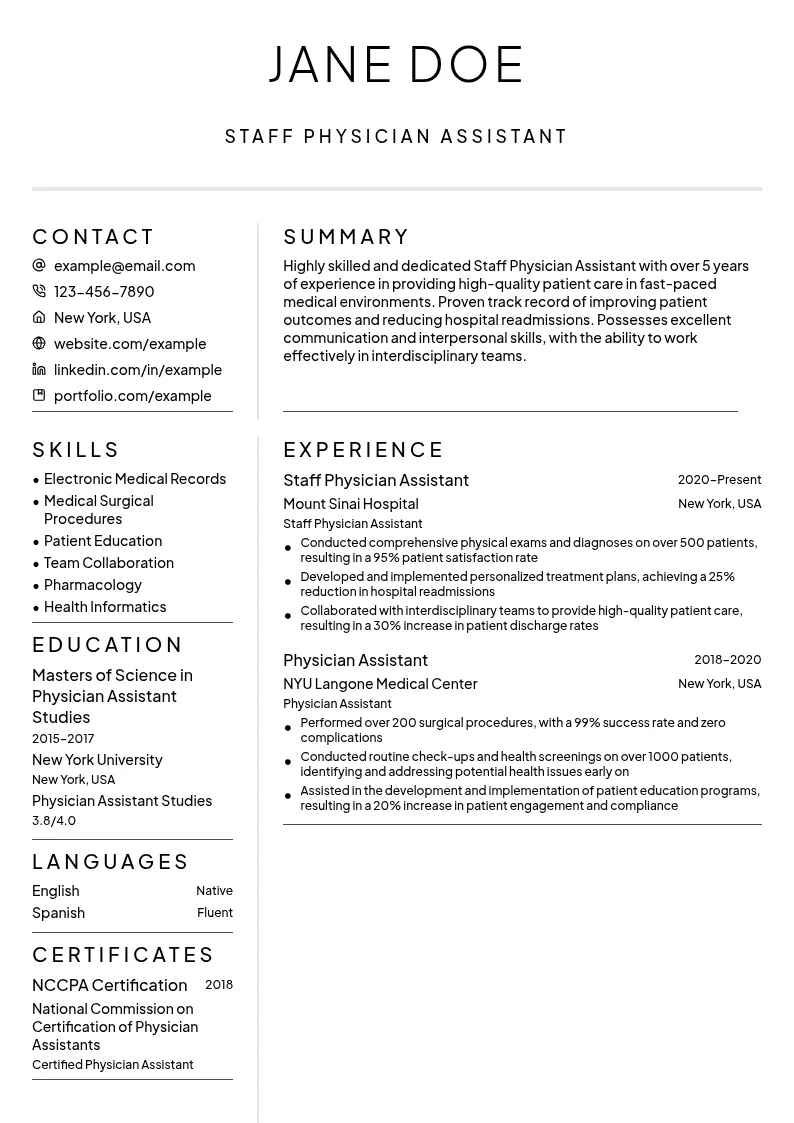 Staff Physician Assistant resume example