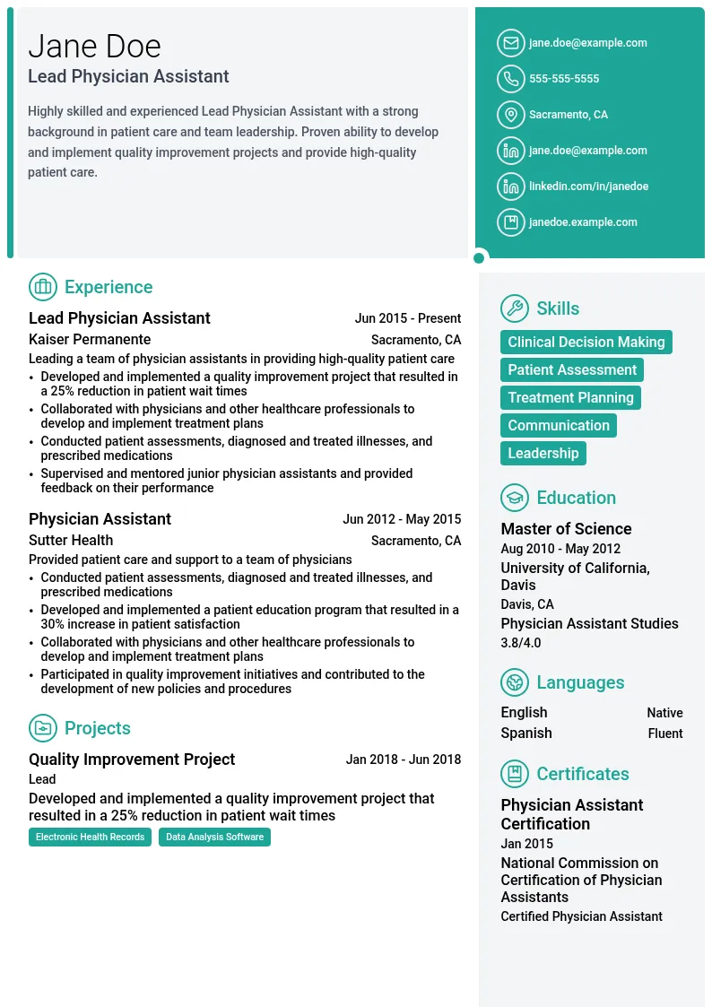 Lead Physician Assistant resume example