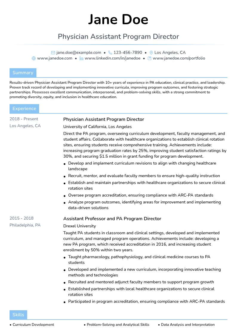 Physician Assistant Program Director resume example