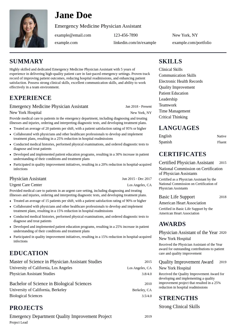 Emergency Medicine Physician Assistant resume example