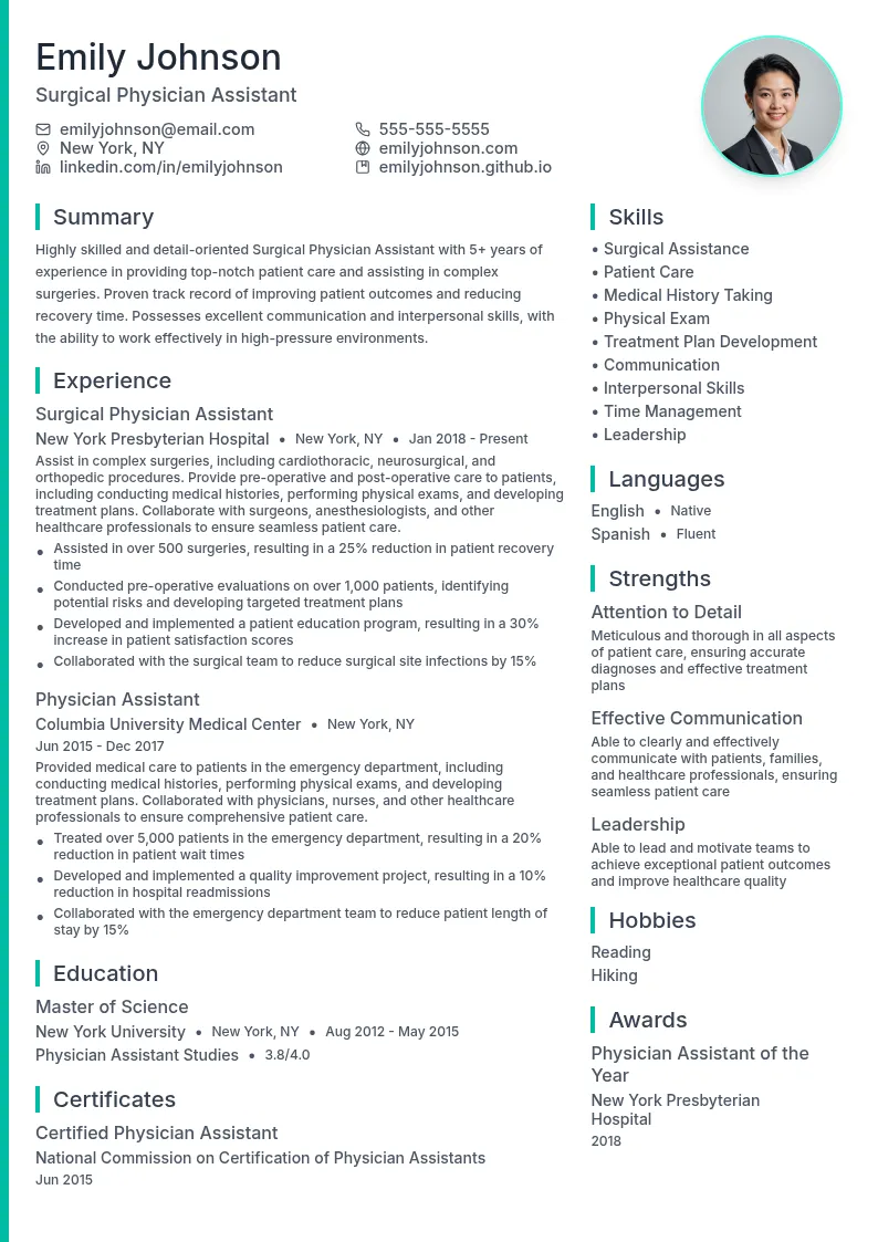 Surgical Physician Assistant resume example