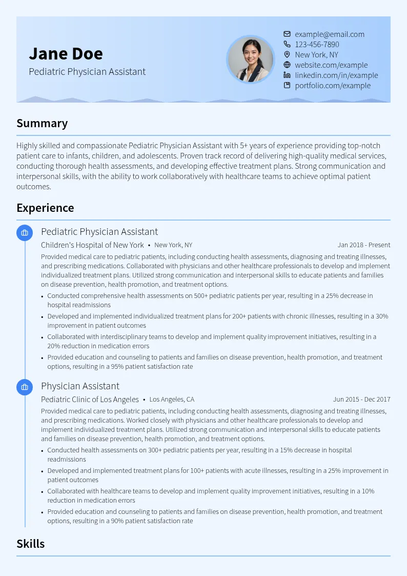 Pediatric Physician Assistant resume example