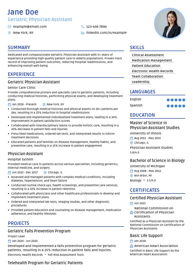 Geriatric Physician Assistant resume example