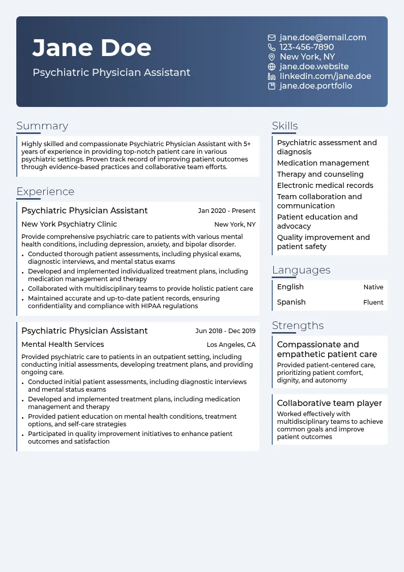 Psychiatric Physician Assistant resume example