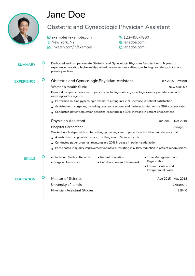 Obstetric and Gynecologic Physician Assistant resume example