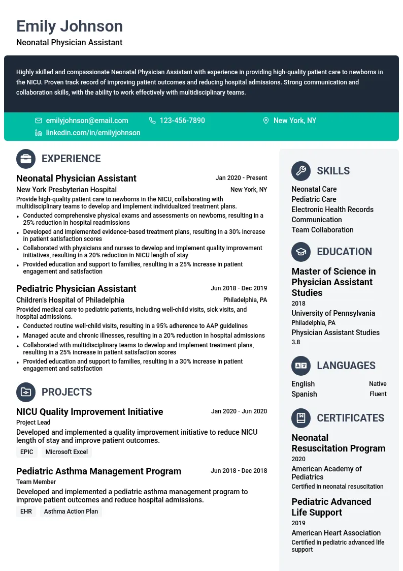 Neonatal Physician Assistant resume example