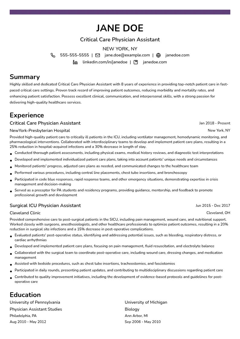 Critical Care Physician Assistant resume example
