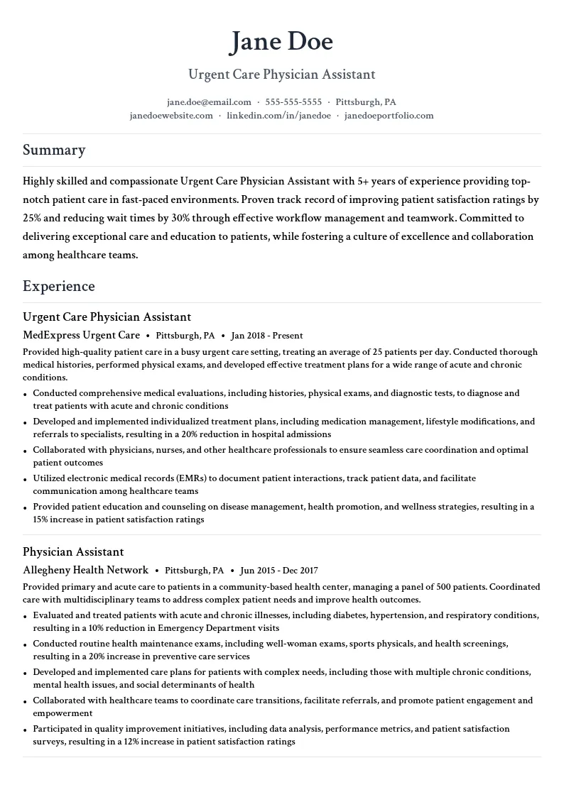 Urgent Care Physician Assistant resume example
