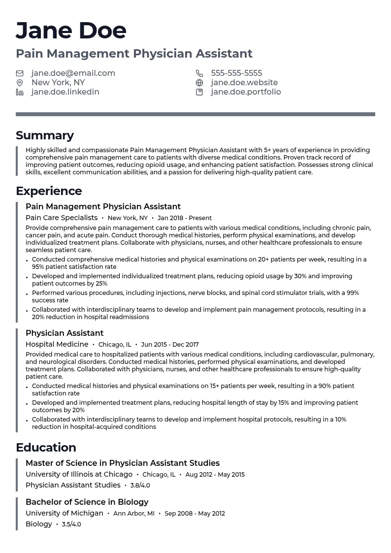Pain Management Physician Assistant resume example