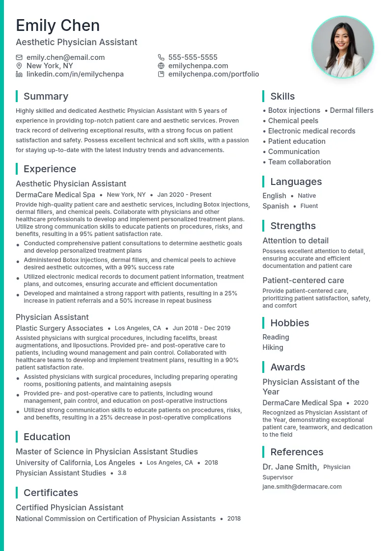 Aesthetic Physician Assistant resume example