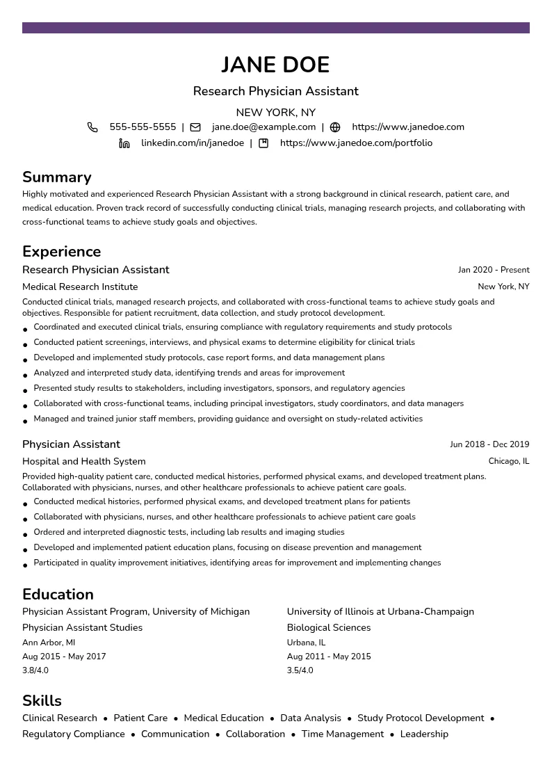 Research Physician Assistant resume example