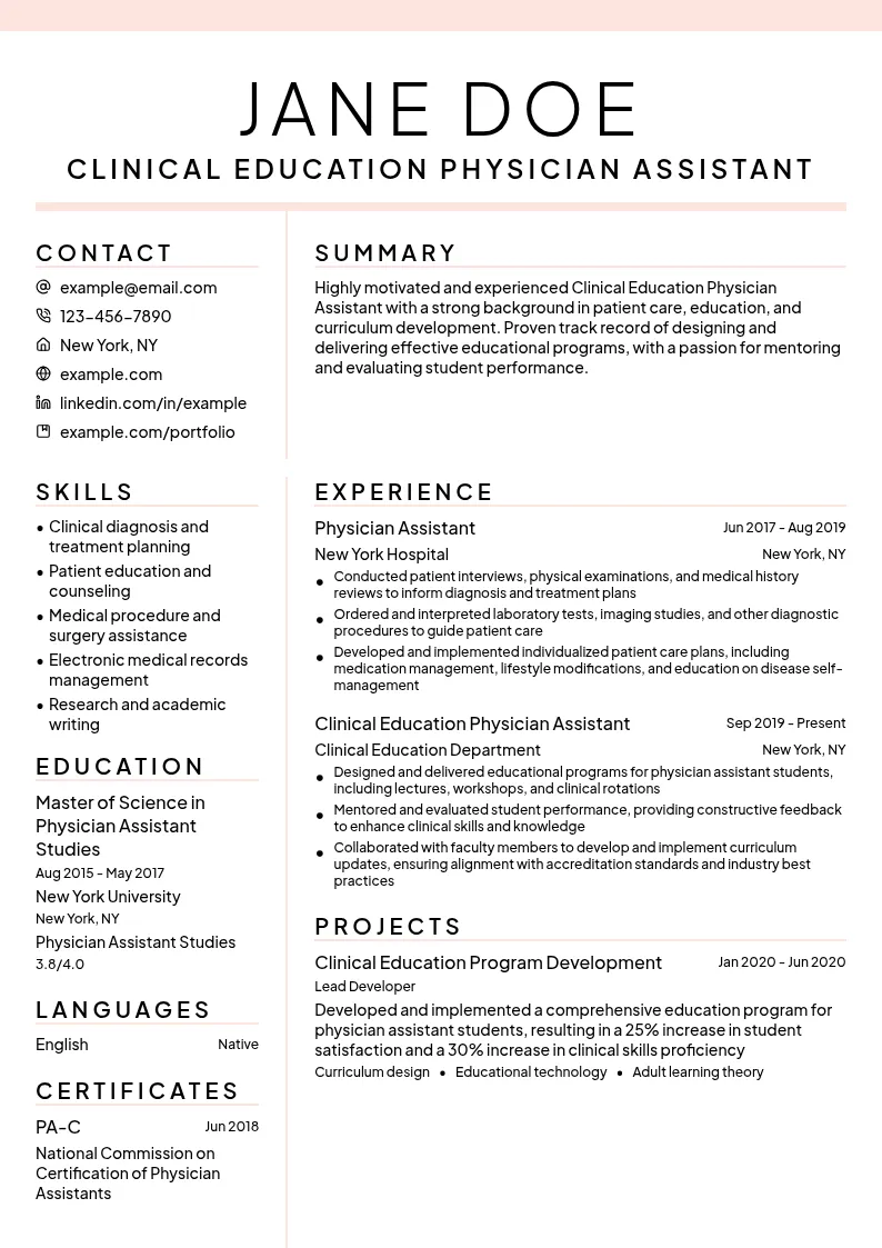 Clinical Education Physician Assistant resume example