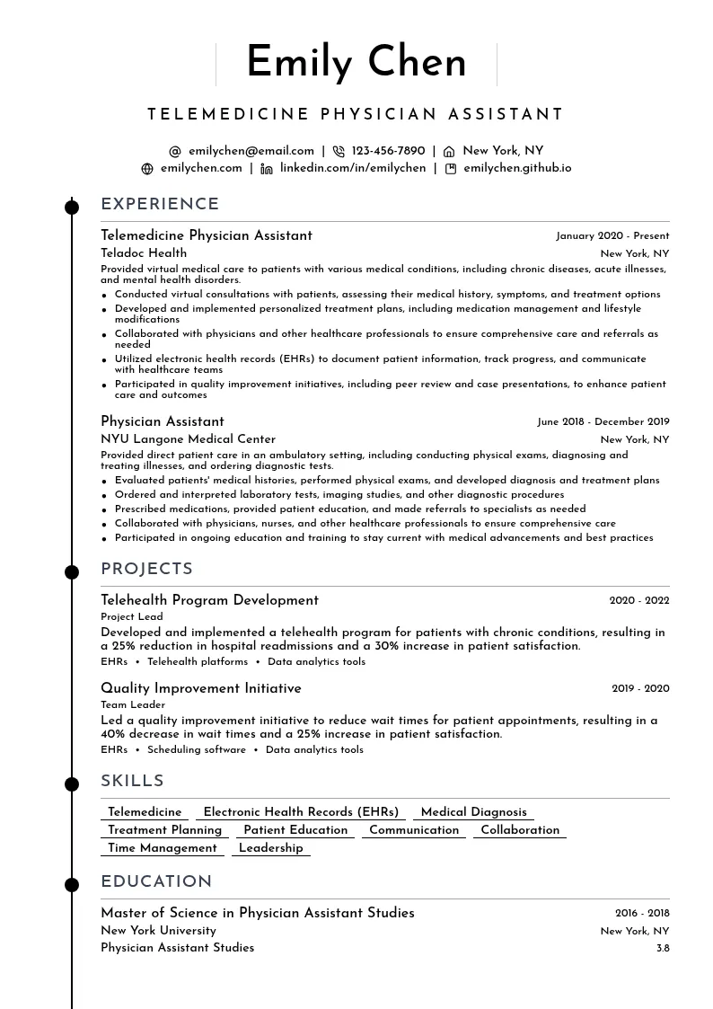Telemedicine Physician Assistant resume example