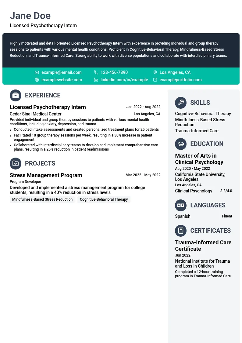 Licensed Psychotherapy Intern resume example