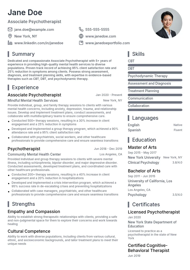 Associate Psychotherapist resume example