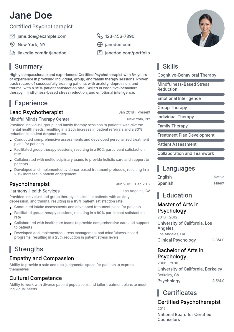 Certified Psychotherapist resume example