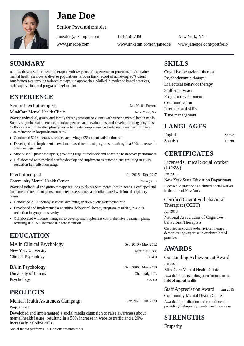 Senior Psychotherapist resume example