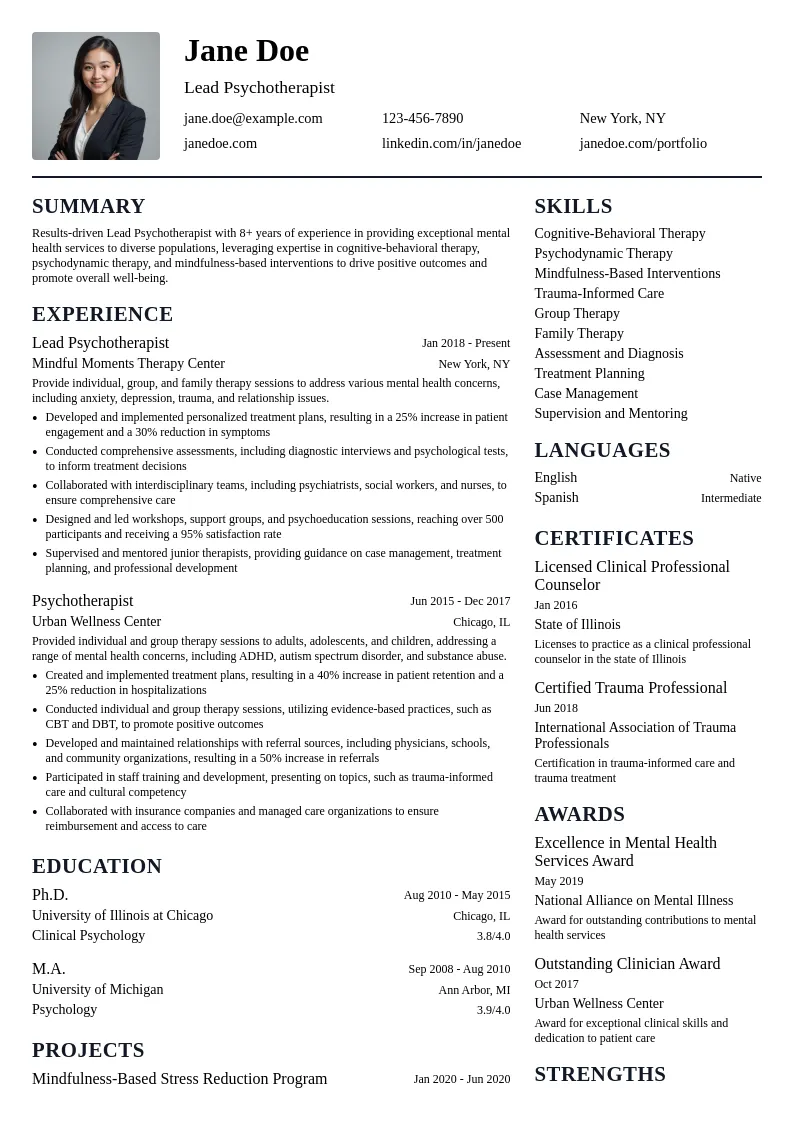 Lead Psychotherapist resume example