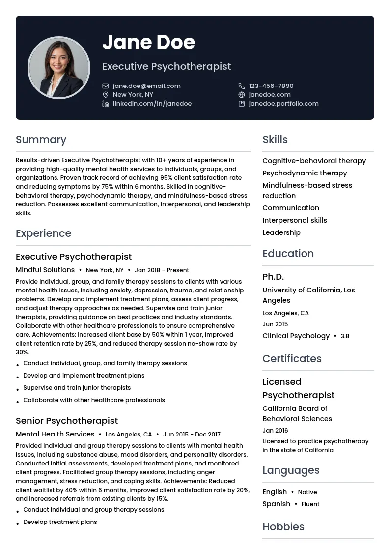 Executive Psychotherapist resume example