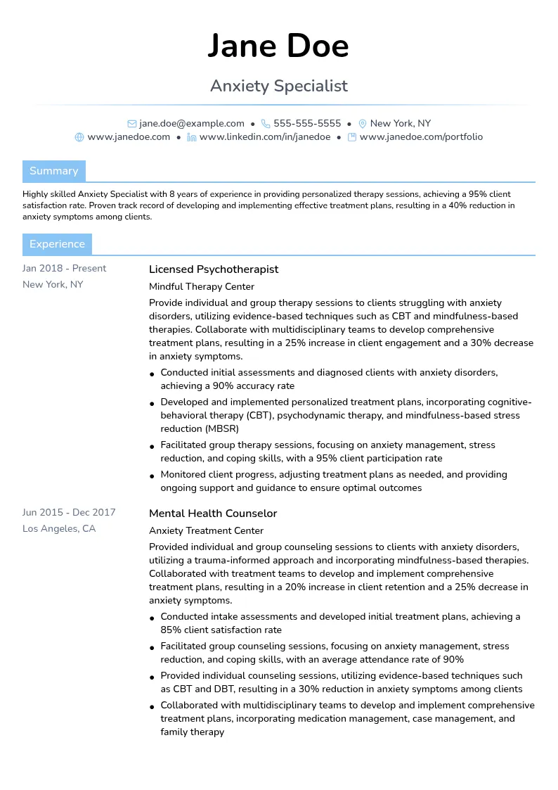 Anxiety Specialist resume example