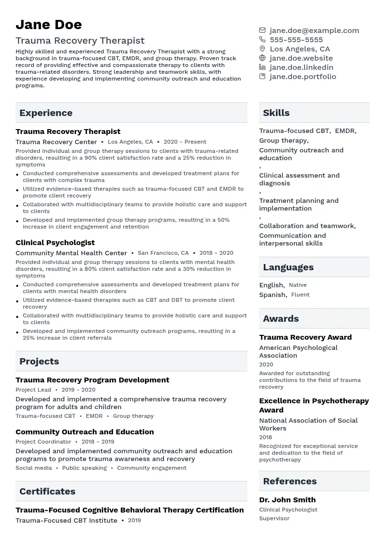 Trauma Recovery Therapist resume example