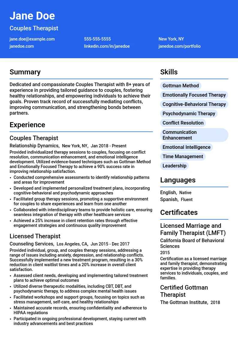  Couples Therapist resume example