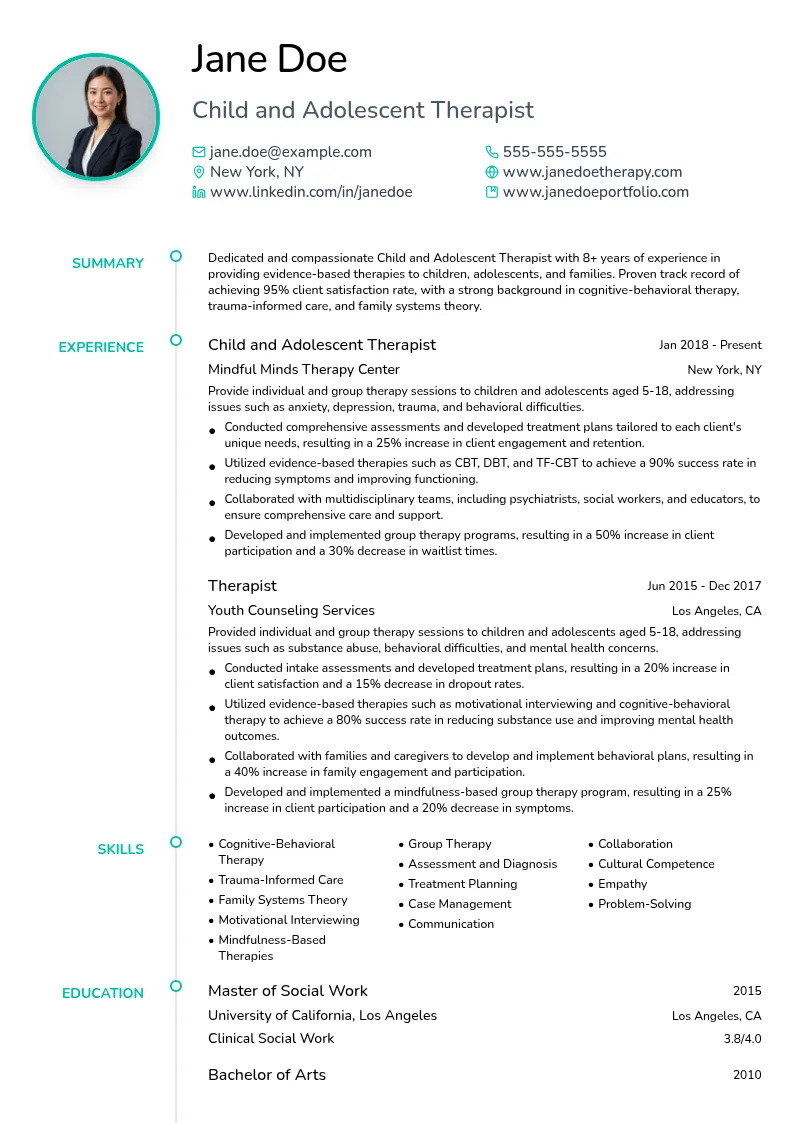 Child and Adolescent Therapist resume example