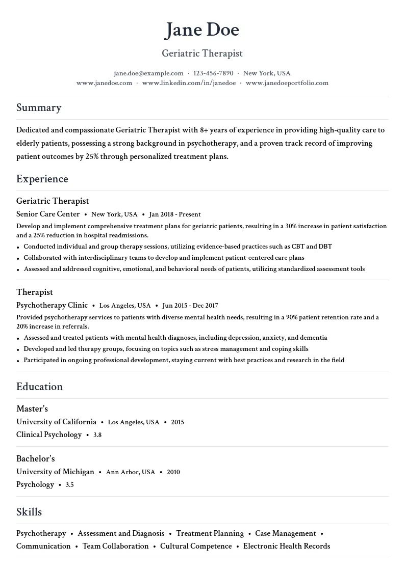 Geriatric Therapist resume example