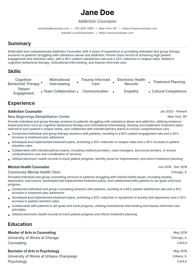 Addiction Counselor resume example