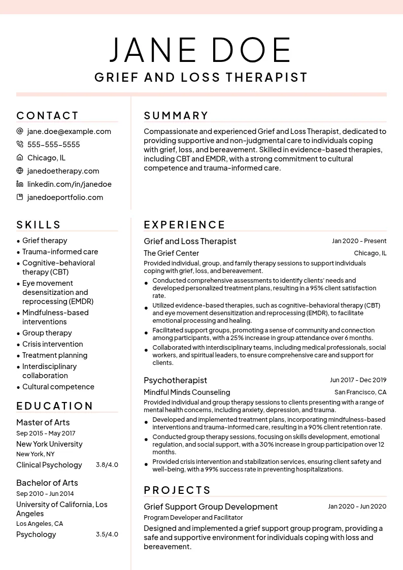 Grief and Loss Therapist resume example