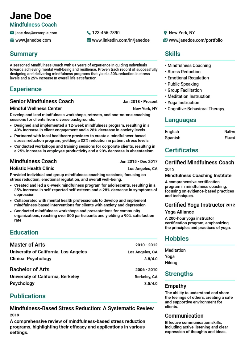 Mindfulness Coach resume example