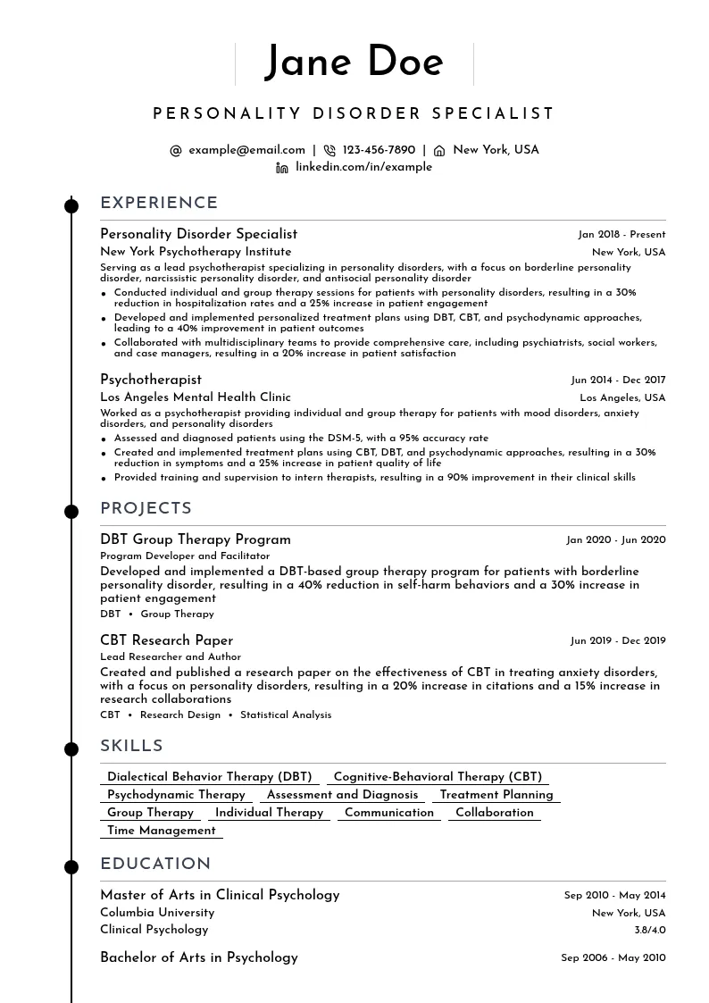 Personality Disorder Specialist resume example