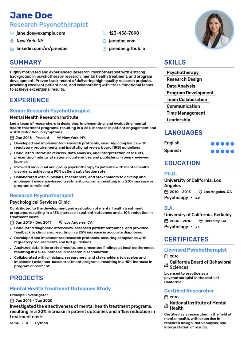 Research Psychotherapist resume example