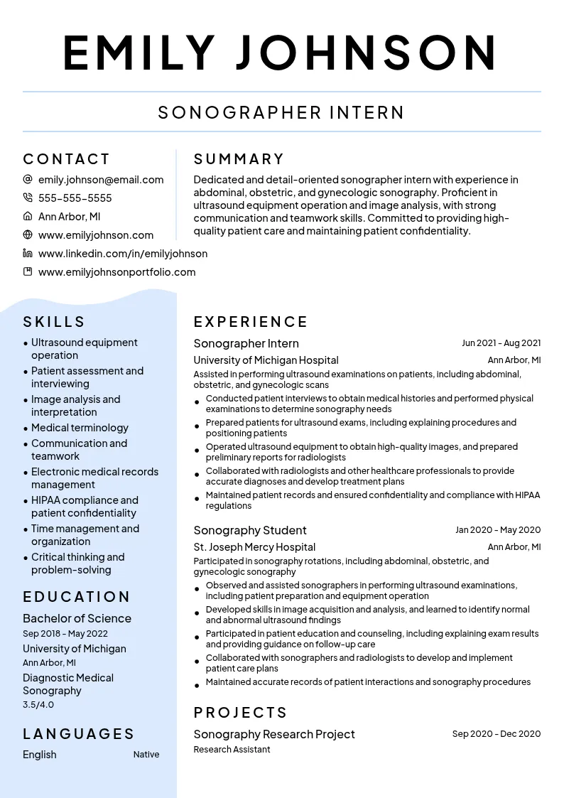 Sonographer Intern resume example