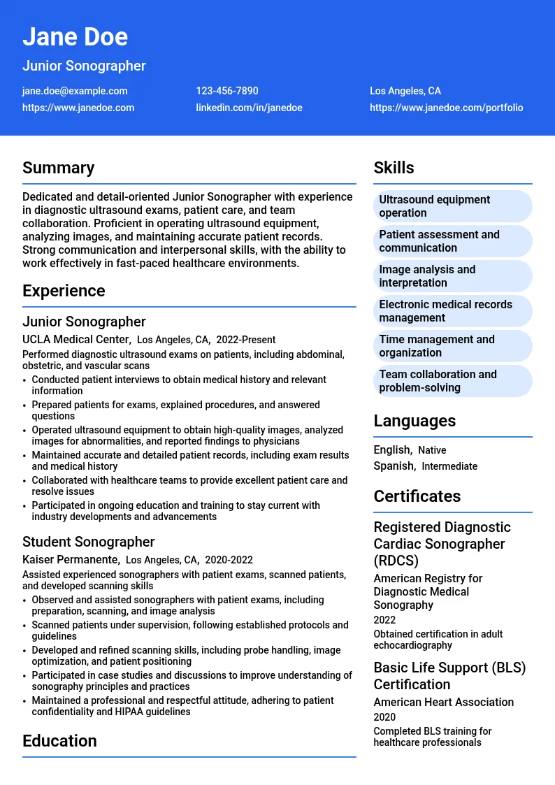 Junior Sonographer resume example