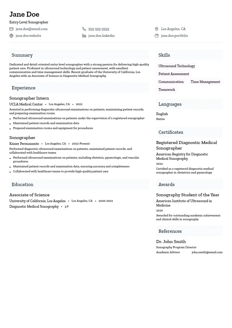 Entry-Level Sonographer resume example